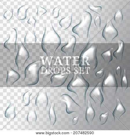 Realistic drops of water with, liquid on transparent and white background with transparency effect. Drops can be applied on any color background or object