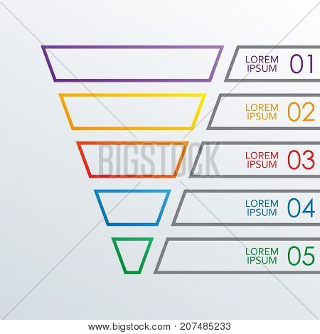 Funnel outline infographics template. 5 steps options or levels funnel. Marketing sales and business infographic design elements. Colorful vector illustration.