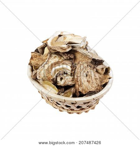 Dry Mushrooms isolated on white background. Selective focus.