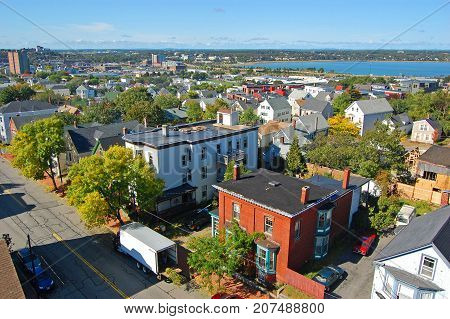 Portland City Skyline, from Portland Observatory on Munjoy Hill in Portland, Maine, USA.