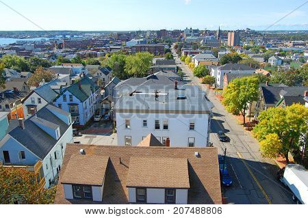 Portland City Skyline, from Portland Observatory on Munjoy Hill in Portland, Maine, USA.