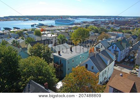 Portland City Skyline, from Portland Observatory on Munjoy Hill in Portland, Maine, USA.