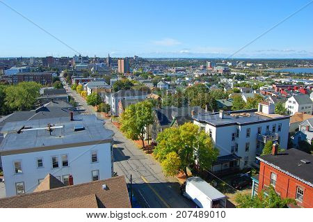 Portland City Skyline, from Portland Observatory on Munjoy Hill in Portland, Maine, USA.