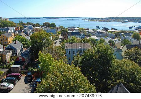 Portland City Skyline, from Portland Observatory on Munjoy Hill in Portland, Maine, USA.