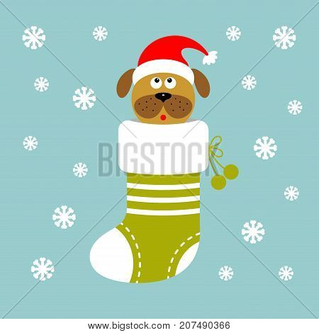 Christmas card with a dog in the sock. The new year 2018. Vector illustration