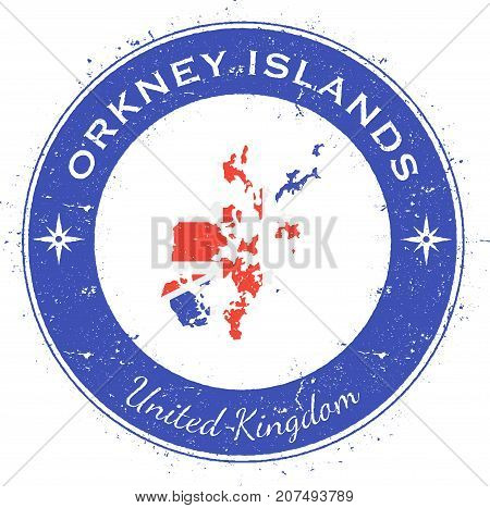 Orkney Islands Circular Patriotic Badge. Grunge Rubber Stamp With Island Flag, Map And Name Written