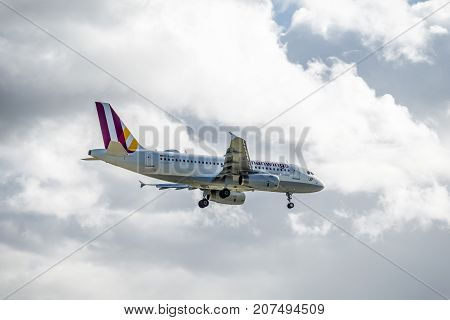 DUESSELDORF , GERMANY - OCTOBER 05 2017: Germanwings Airbus A319 landing at Dusseldorf Airport