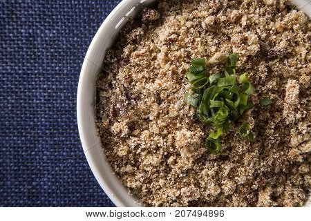 Farofa a toasted cassava flour mixture. Gourmet food.