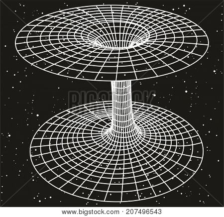 The Relativity Theory Concept showing a sketch of black hole or wormhole with space field background filled with stars and relation between time energy mass light speed for physics science education