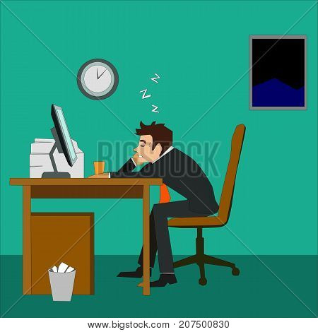 Exhausted businessman sleeping on the desk in the office. Tired, overwork, exhausted sleep, late night work concept illustration vector.