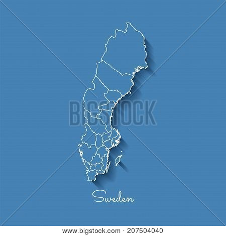 Sweden Region Map: Blue With White Outline And Shadow On Blue Background. Detailed Map Of Sweden Reg