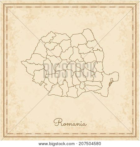Romania Region Map: Stilyzed Old Pirate Parchment Imitation. Detailed Map Of Romania Regions. Vector