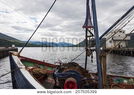Detail of the bow of a fishing boat in the port of Ullapool in the Highlands in Scotland United Kingdom