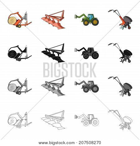 A trolley with a roll of hay, an agricultural plow, a tractor with a grip, a hand-held motoblock. Different types of agricultural machinery set collection icons in cartoon black monochrome outline style vector symbol stock isometric illustration .