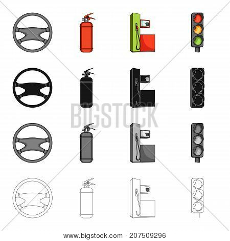 Steering wheel, fire extinguisher, gas station for the car, traffic light. Car and accessories set collection icons in cartoon black monochrome outline style vector symbol stock Isometric illustration .