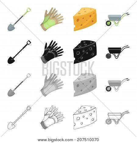 A shovel, a farm tool, protective gloves, a piece of cheese, a wheelbarrow for transportation. Farm and vegetable garden set collection icons in cartoon black monochrome outline style vector symbol stock isometric illustration .