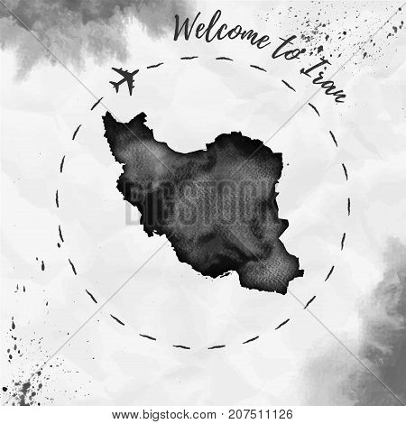 Iran Watercolor Map In Black Colors. Welcome To Iran Poster With Airplane Trace And Handpainted Wate