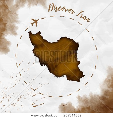 Iran Watercolor Map In Sepia Colors. Discover Iran Poster With Airplane Trace And Handpainted Waterc