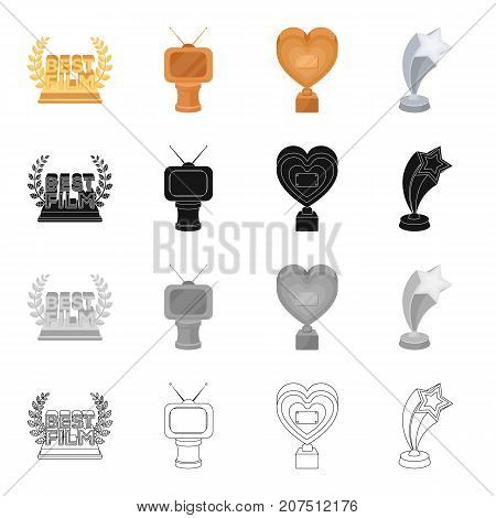 Reward for the best film, golden TV, golden heart, silver star. Different Kinds of Movie Awards set collection icons in cartoon black monochrome outline style vector symbol stock isometric illustration .