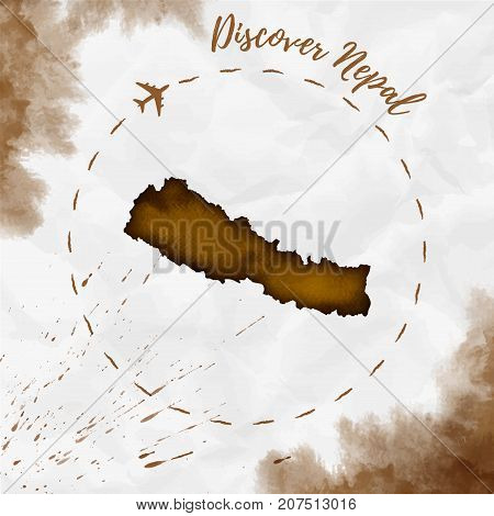 Nepal Watercolor Map In Sepia Colors. Discover Nepal Poster With Airplane Trace And Handpainted Wate