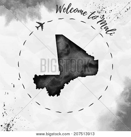 Mali Watercolor Map In Black Colors. Welcome To Mali Poster With Airplane Trace And Handpainted Wate