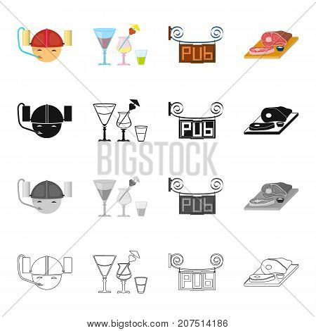 Helmet with cans of beer, glasses with alcohol, a pub sign, chopped ham. Pub and party set collection icons in cartoon black monochrome outline style vector symbol stock isometric illustration .