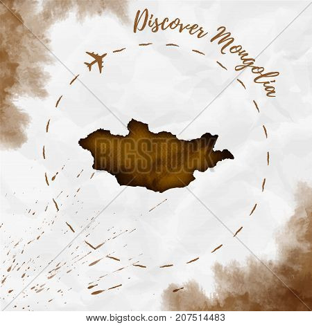 Mongolia Watercolor Map In Sepia Colors. Discover Mongolia Poster With Airplane Trace And Handpainte
