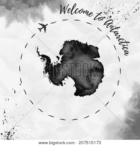 Antarctica Watercolor Map In Black Colors. Welcome To Antarctica Poster With Airplane Trace And Hand