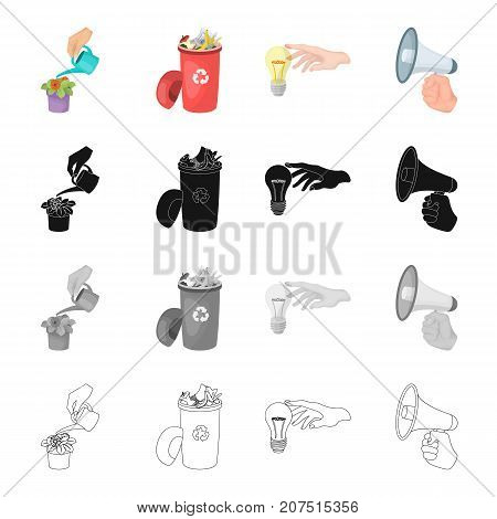 Watering a houseplant, a garbage can, a light bulb in his hand, a megaphone in hand. Movement and manipulation set collection icons in cartoon black monochrome outline style vector symbol stock isometric illustration .