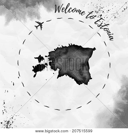 Estonia Watercolor Map In Black Colors. Welcome To Estonia Poster With Airplane Trace And Handpainte