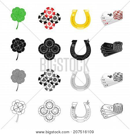 Clover leaf for luck, chips in the casino, gold horseshoe, cards and chips. Casino set collection icons in cartoon black monochrome outline style vector symbol stock isometric illustration .