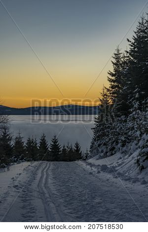 Morning With Sunrise In Jeseniky Mountains In Winter Sunny Day