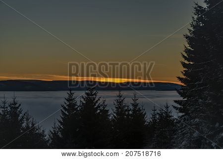 Morning With Sunrise In Jeseniky Mountains In Winter Sunny Day