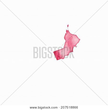 Oman Watercolor Map In Red Colors. Visit Oman Poster With Airplane Trace And Handpainted Watercolor