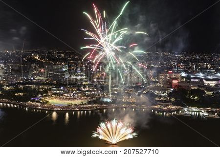 BRISBANE, AUSTRALIA - SEPTEMBER 30 2017: Colourful fireworks display over Brisbane River for the Sunsuper Riverfire celebrations.