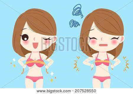 cartooon woman wear underwear with different cup size before and after