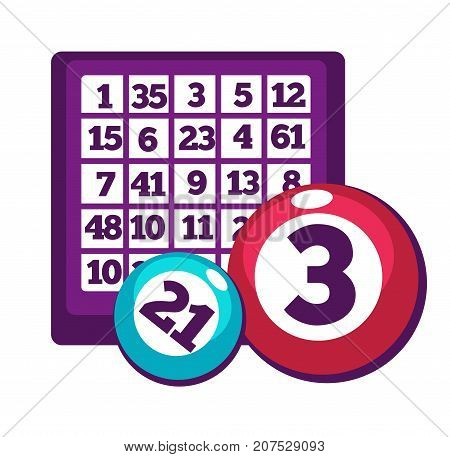 Board with table full of numbers and numberd shiny colorful balls for bingo game isolated cartoon flat vector illustration on white background. Simple equipment for game of chance to try luck.
