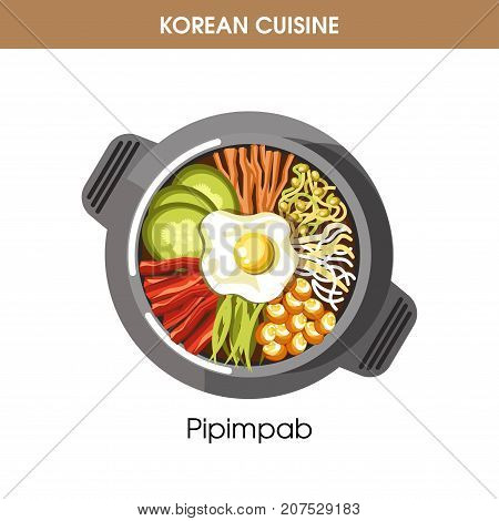 Korean cuisine traditional dish Bibimbap or Pipimpab of rice mixed with meat, vegetables and spice in bowl pot. Vector flat isolated icon for Korea restaurant menu or cooking recipe template