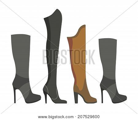 Womens leather and suede boots on high heels with different height for stylish winter and autumn outfits isolated cartoon flat vector illustration on white background. Elegant female footwear set.