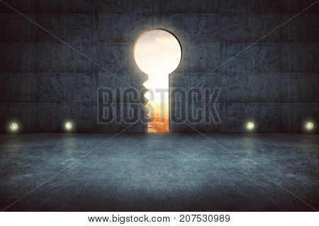 Conrete wall with key hole door sunrise scene city skyline outdoor view .