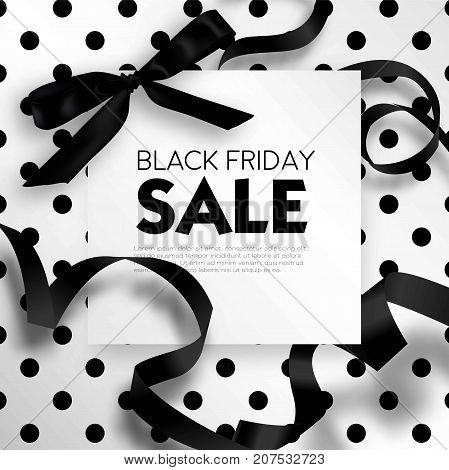 Black Friday sale discount promo offer poster or advertising flyer and coupon. Vector elegant design of piece of paper and realistic black gift bow tie ribbon for premium fashion shop sale on polka dot black background.