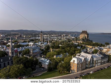 Aerial view of Chateau Frontenac hotel and Old Port in Quebec City, Canada.