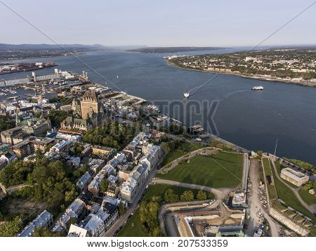 Aerial view of Chateau Frontenac hotel and Old Port in Quebec City, Canada.