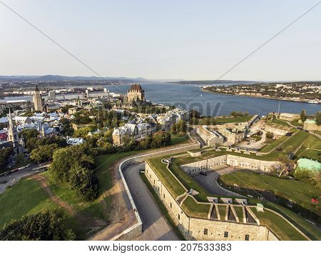 Aerial view of Chateau Frontenac hotel and Old Port in Quebec City, Canada.