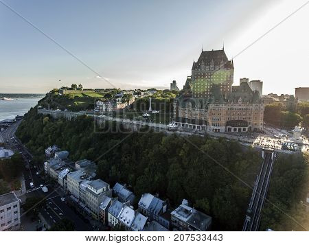 Aerial view of Chateau Frontenac hotel and Old Port in Quebec City, Canada.
