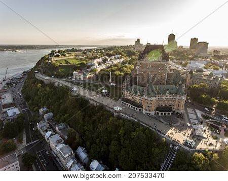 Aerial view of Chateau Frontenac hotel and Old Port in Quebec City, Canada.
