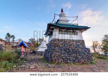 Stupa In Shad Tchup Ling Buddhist Monastery On Mountain Kachkanar. Russia