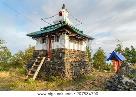Stupa In Shad Tchup Ling Buddhist Monastery On Mountain Kachkanar. Russia