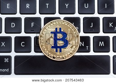 Digital Currency Gold Bitcoin, Blue Coin On Black Computer Keybo