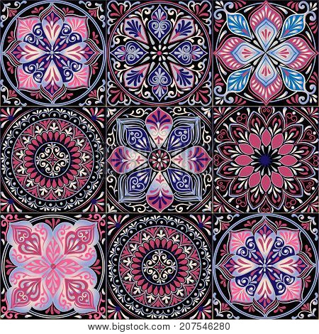 Colorful floral seamless pattern from squares with mandala in patchwork boho chic style in portuguese and moroccan motif